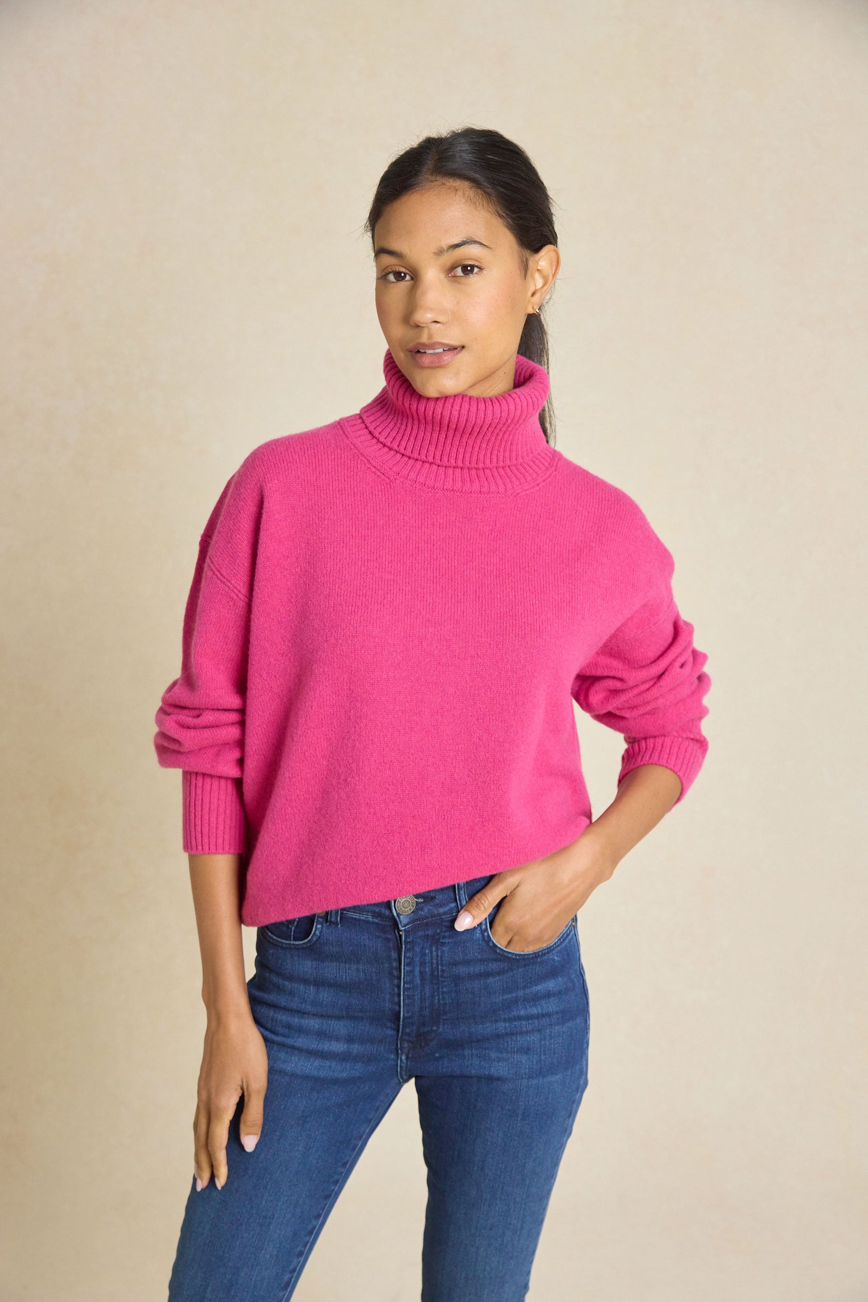 Embrace warmth this Autumn/Winter with our Hoverton Raspberry Roll Neck Jumper. Featuring ribbed cuffs, hem, and neck for ultimate comfort and style. Perfect for any occasion!