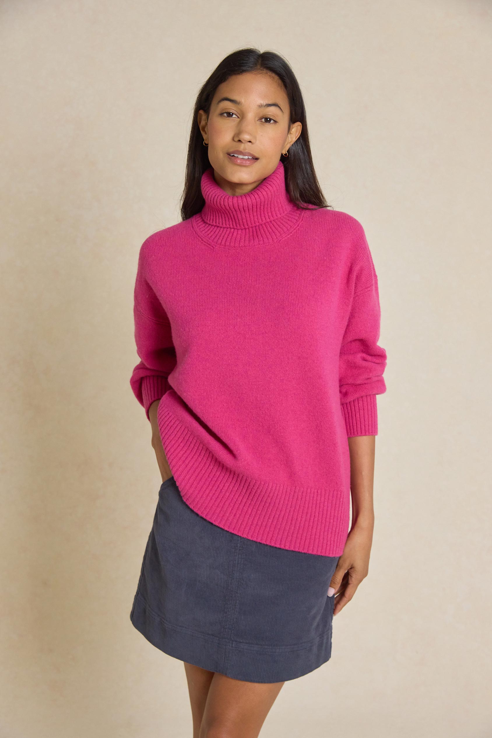 Embrace warmth this Autumn/Winter with our Hoverton Raspberry Roll Neck Jumper. Featuring ribbed cuffs, hem, and neck for ultimate comfort and style. Perfect for any occasion!