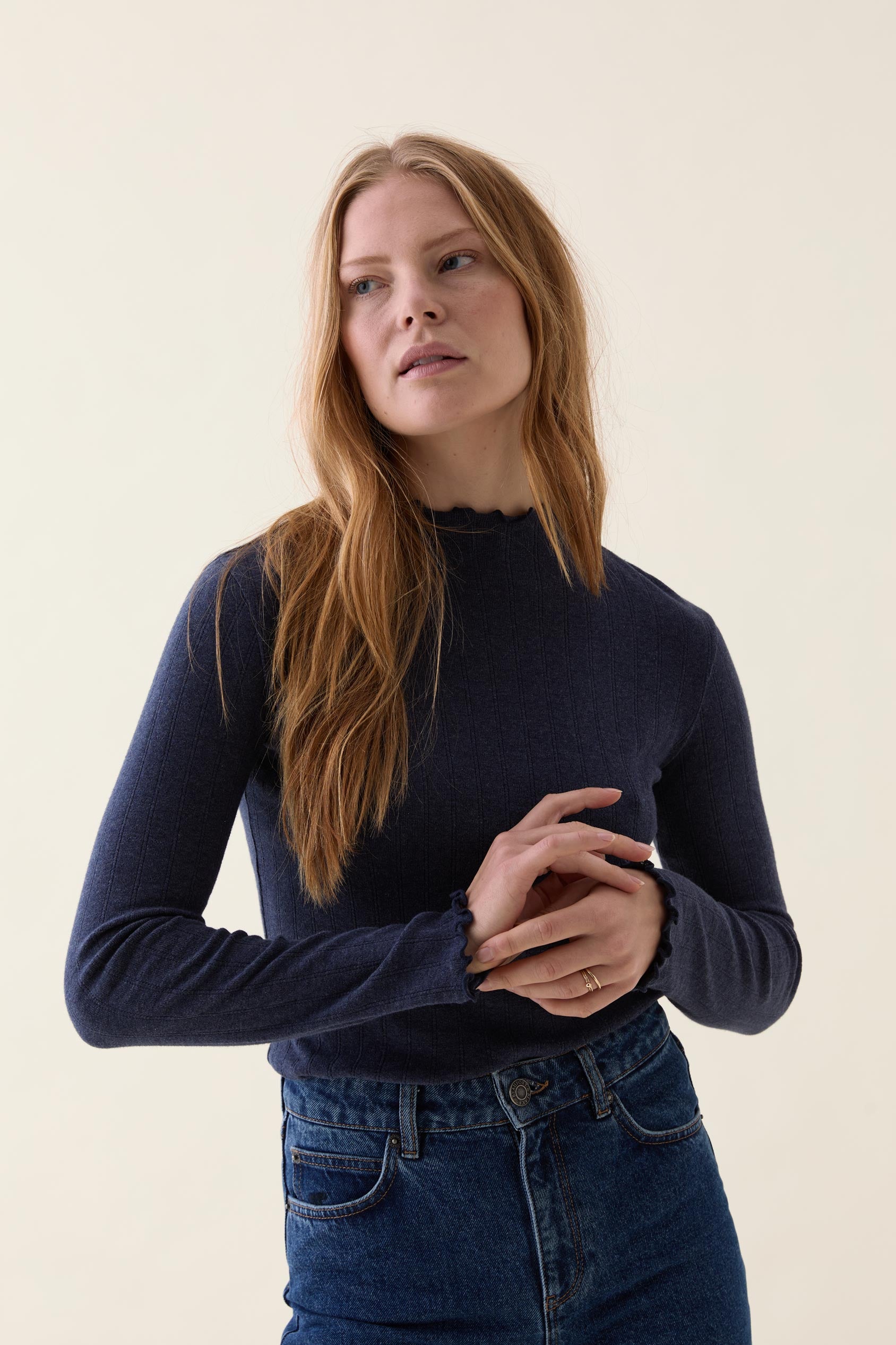 Bramley Navy Ruffle Pointelle Top