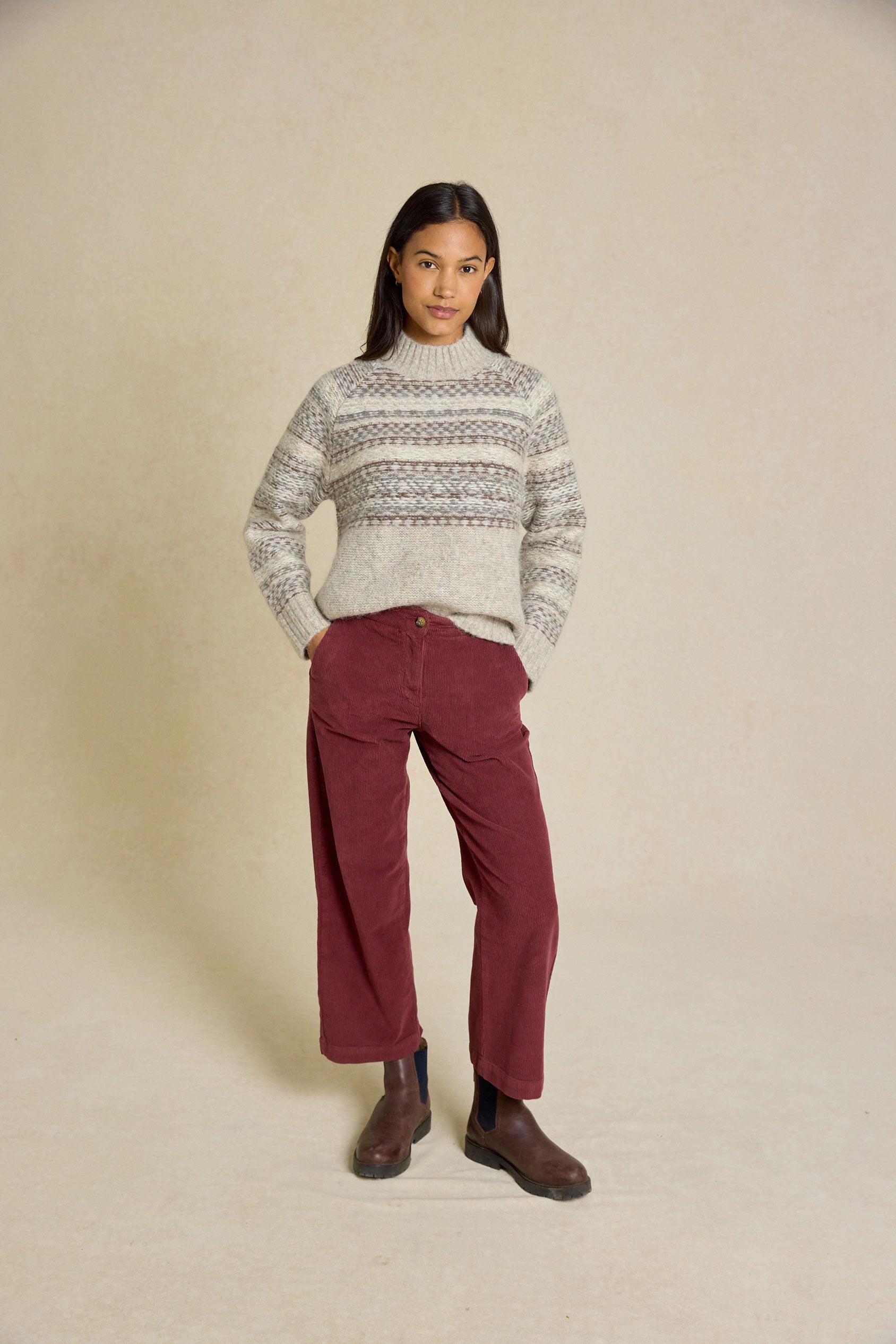 Embrace effortless style with the Chartham Plum Cord Trousers. Mid-rise with a cropped wide-leg shape and added stretch for ultimate comfort.