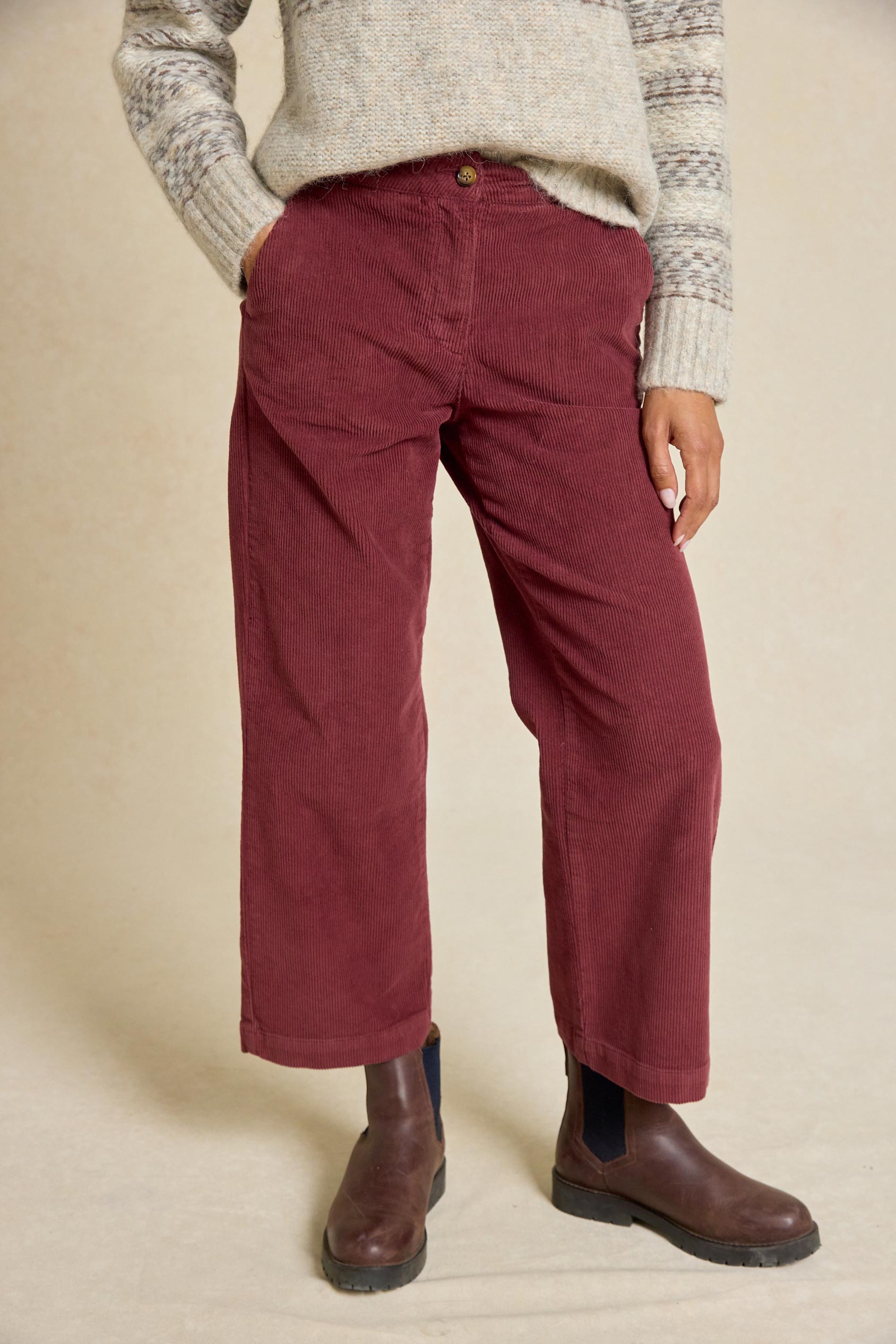 Embrace effortless style with the Chartham Plum Cord Trousers. Mid-rise with a cropped wide-leg shape and added stretch for ultimate comfort.