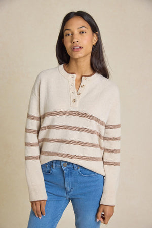 Embrace warmth this Autumn with our Women's Chelker Toffee Stripe Half Button Jumper. Perfect for layering, this stylish knitwear piece adds a trendy touch to your seasonal wardrobe.