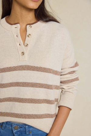 Embrace warmth this Autumn with our Women's Chelker Toffee Stripe Half Button Jumper. Perfect for layering, this stylish knitwear piece adds a trendy touch to your seasonal wardrobe.