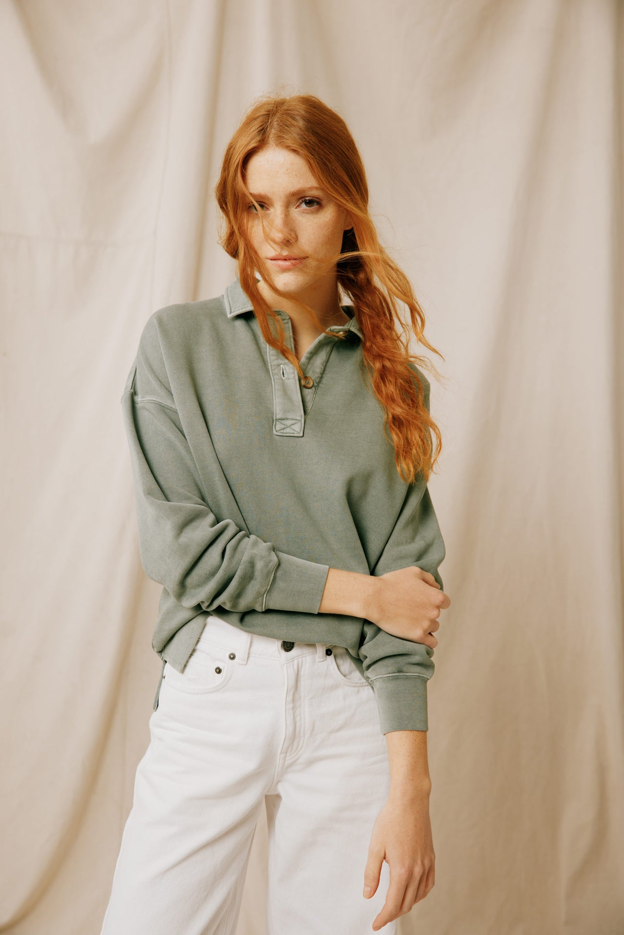 Introducing the stylish Kitcliffe Khaki Half Button sweatshirt for women. Comfortable, versatile, and perfect for casual wear. Elevate your wardrobe with this must-have piece!