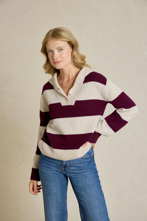 Shop the Knighton Burgundy Stripe Rugby Jumper. Perfect for the Autumn/Winter season, this stylish womenswear piece combines both comfort and elegance for the perfect, everyday look.