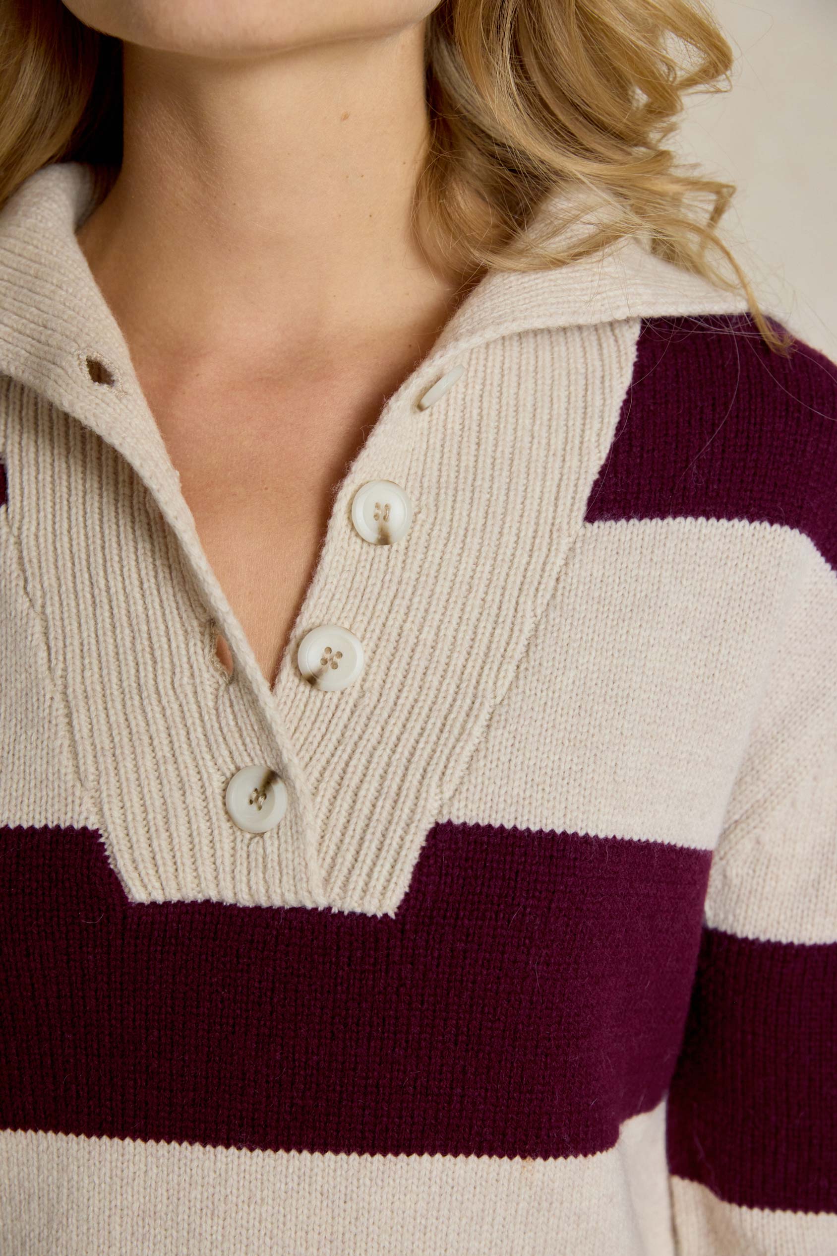 Shop the Knighton Burgundy Stripe Rugby Jumper. Perfect for the Autumn/Winter season, this stylish womenswear piece combines both comfort and elegance for the perfect, everyday look.