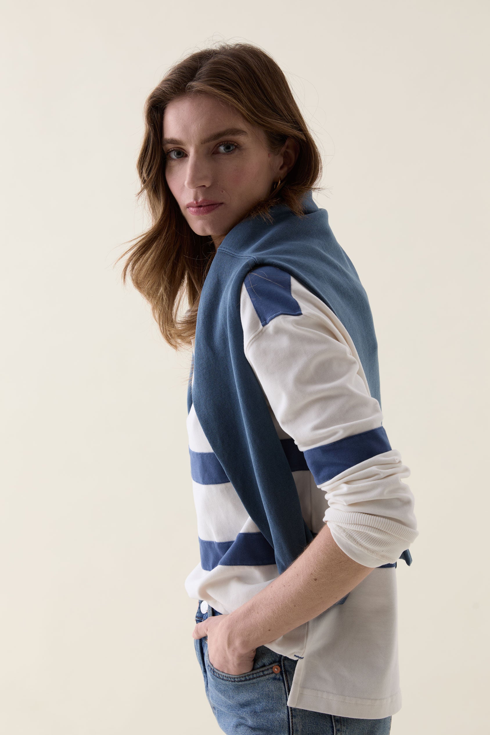 Loxwood Mid Blue Chest Stripe Rugby