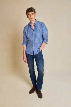 Enhance your look with the Marston Denim Blue Check Shirt. Made from 100% cotton and featuring a classic collar, this shirt combines comfort with timeless style.