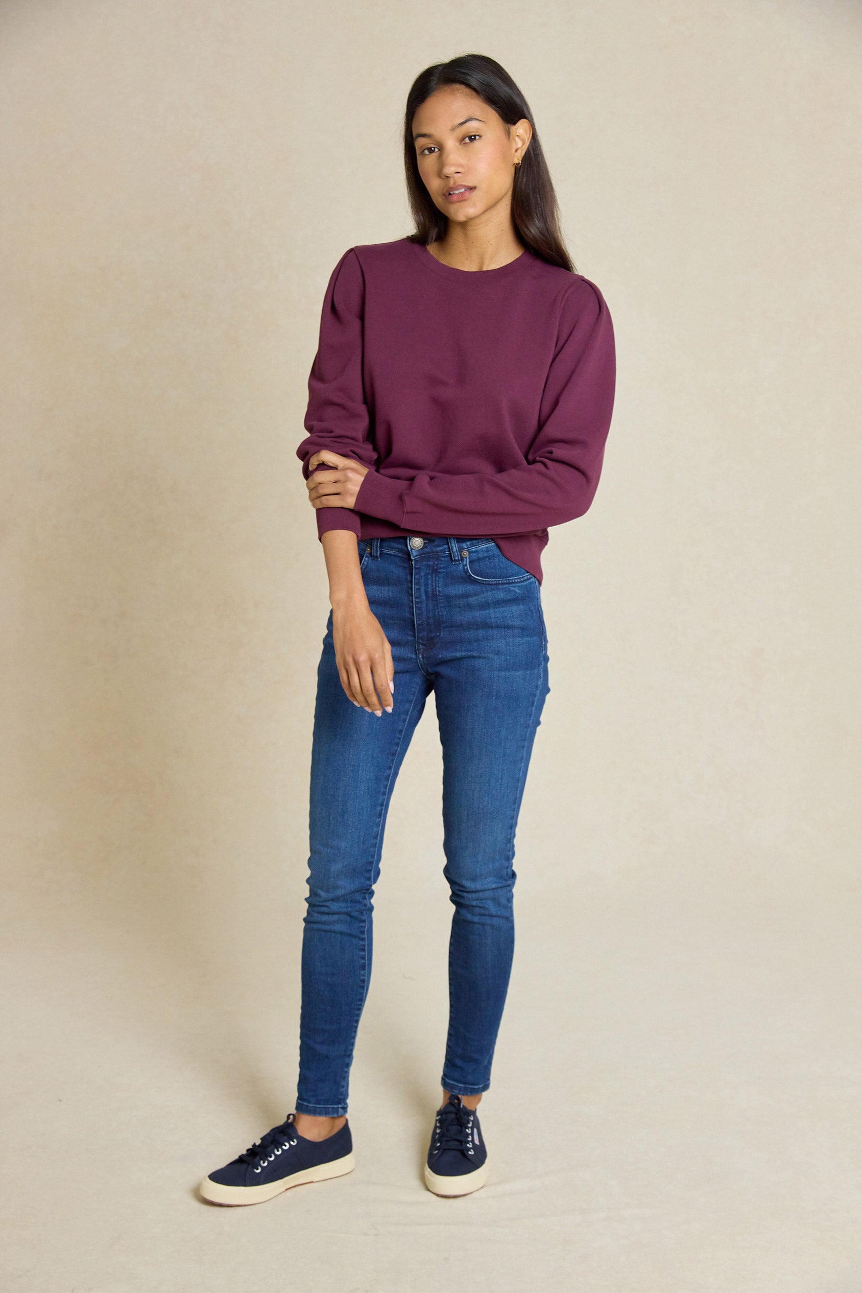 Discover the perfect blend of comfort and style with our Olton Plum Sweatshirt. This garment dyed sweat features subtle puff sleeves for a casual, modern look.