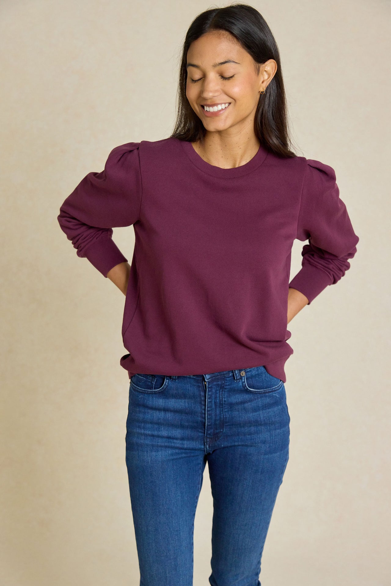 Discover the perfect blend of comfort and style with our Olton Plum Sweatshirt. This garment dyed sweat features subtle puff sleeves for a casual, modern look.