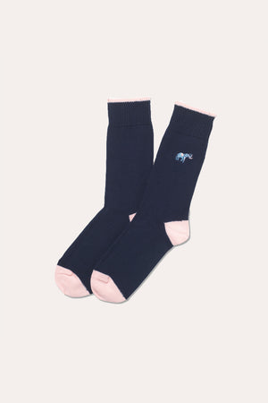 Savannah Elephant Navy Embroidered Socks