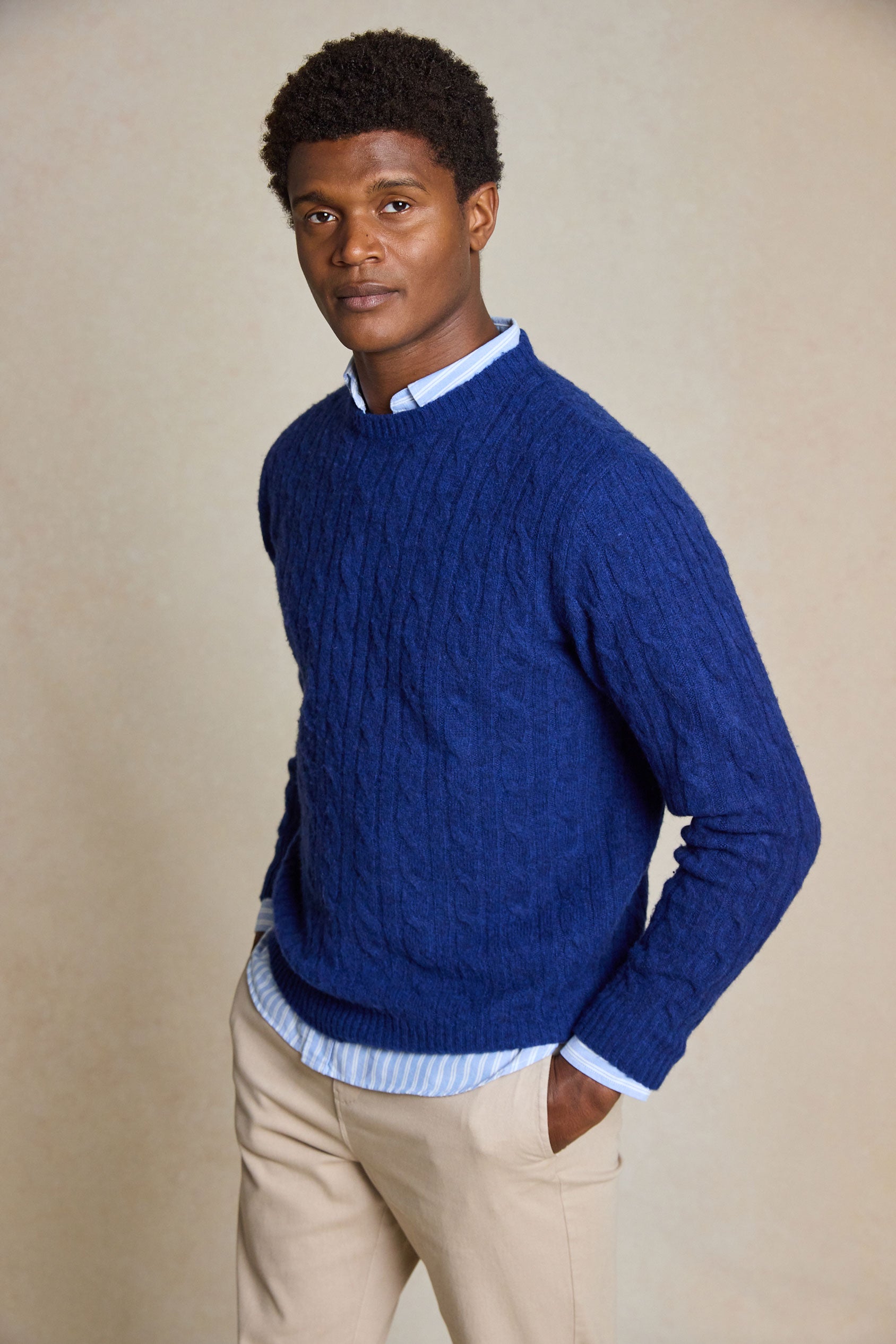 Shop our Shaggy Cobalt Cable Jumper. Made from super soft wool, this cable knit jumper is brushed for a vintage look, combining comfort with effortless style.