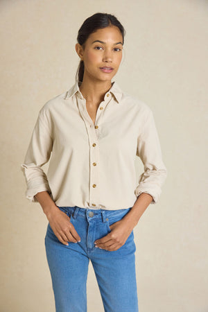 Elevate your Autumn wardrobe with our Stroud Ecru Cord Shirt. Perfect for cooler days, this womenswear essential combines comfort and style seamlessly.