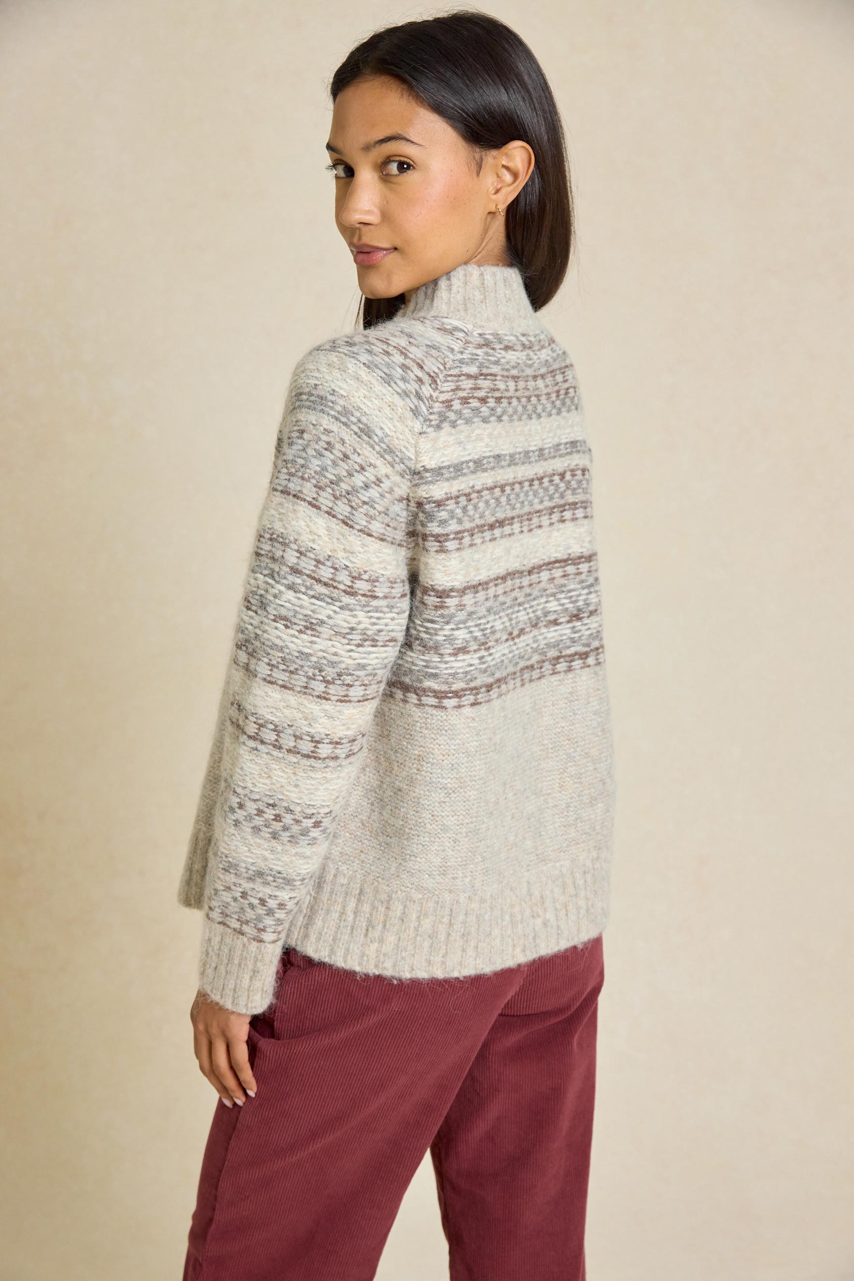 Stay cosy this Autumn/Winter in our Winford Reverse Fair Isle Knitted Jumper. Featuring a stylish mock neck and unique reverse design for ultimate style and warmth.