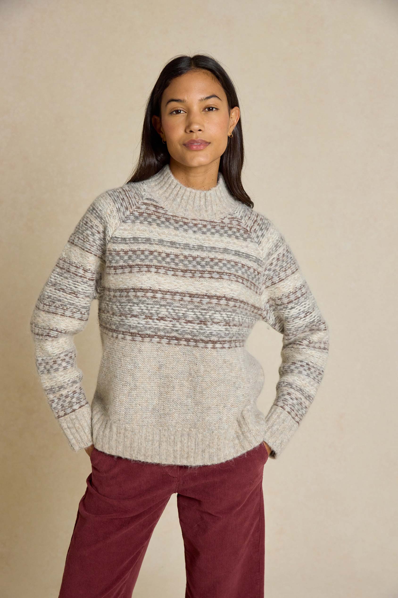 Stay cosy this Autumn/Winter in our Winford Reverse Fair Isle Knitted Jumper. Featuring a stylish mock neck and unique reverse design for ultimate style and warmth.