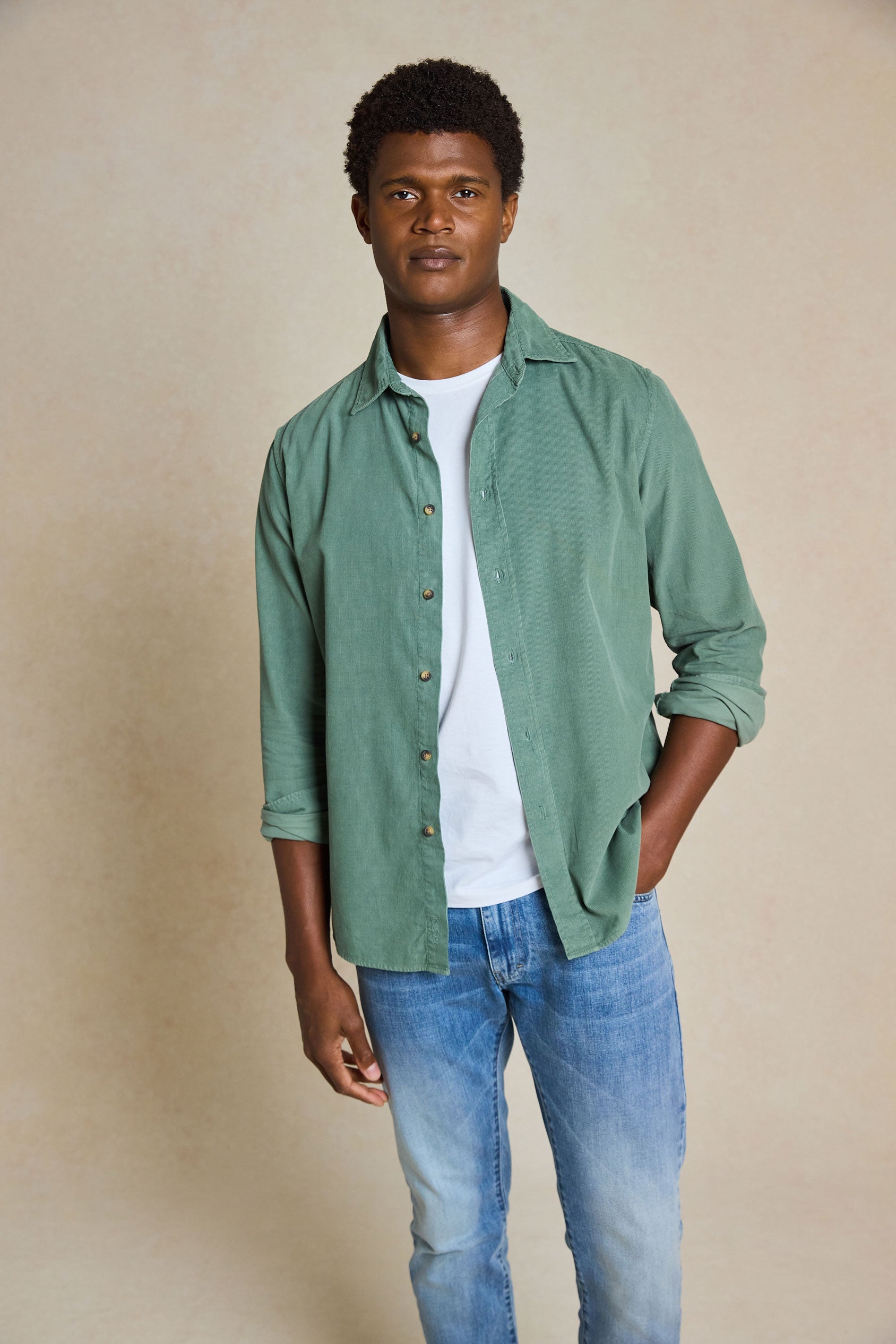 Explore our Wyck Khaki Cord Shirt. Garment-dyed for unique gentle fading and subtle color variations, this shirt offers a distinctive and stylish look - perfect for everyday wear.