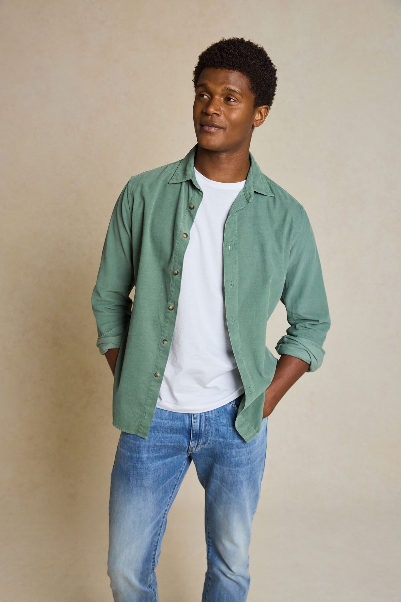 Explore our Wyck Khaki Cord Shirt. Garment-dyed for unique gentle fading and subtle color variations, this shirt offers a distinctive and stylish look - perfect for everyday wear.