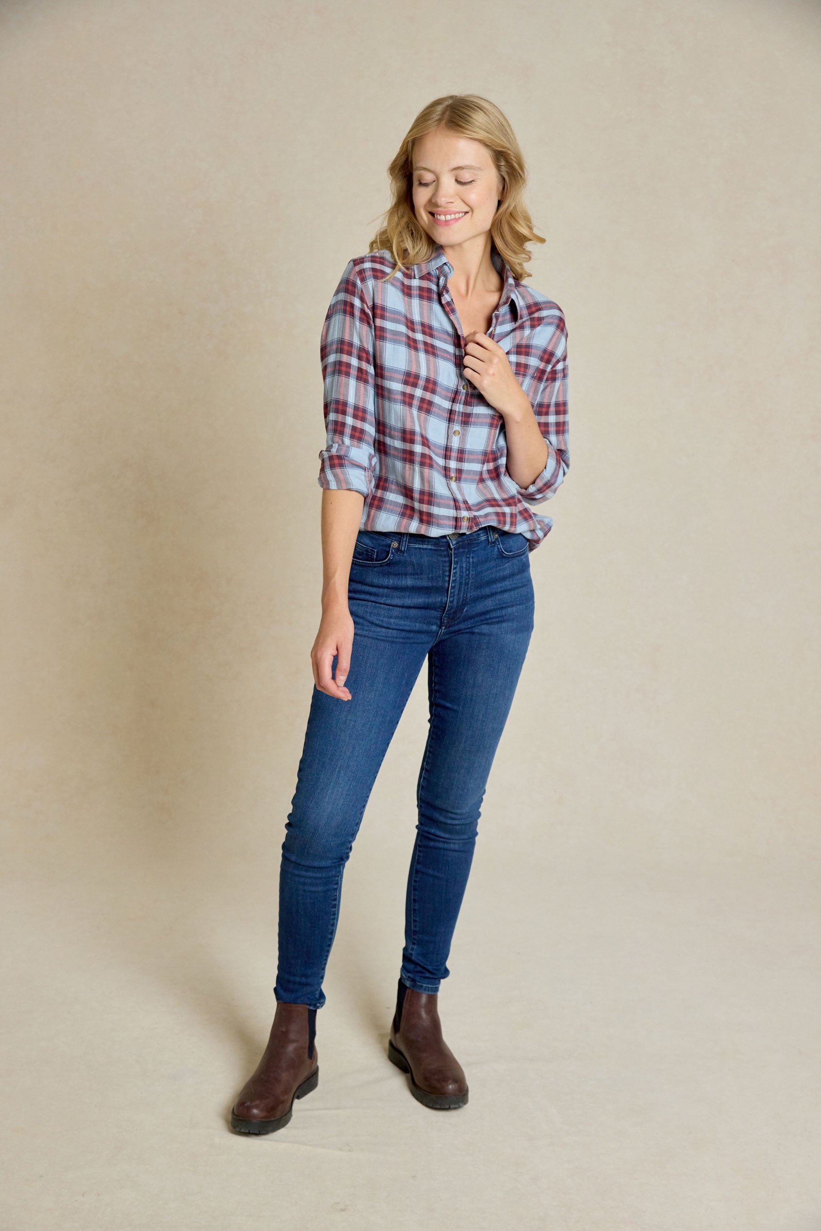 Discover Autumn style with our Yarrow Sky Check Shirt. This women's must-have shirt features a slightly laundered finish, perfect for cosy yet stylish Autumn looks.